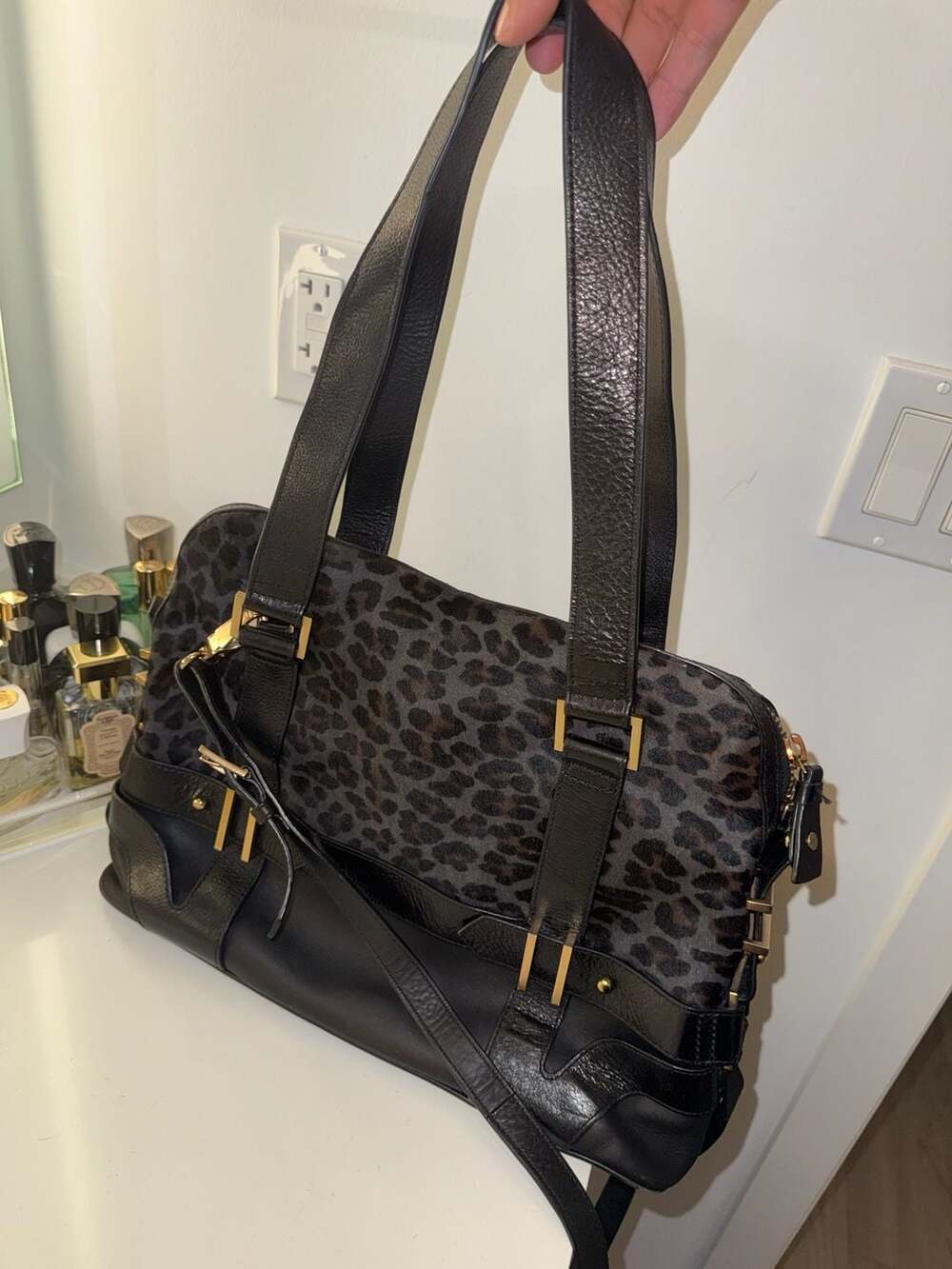 Nanette Lepore Black Leather and Leopard Print Satchel Tote Bag
